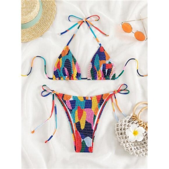 Swim Summer Beach Color Block Smocked Halter Triangle Bikini Set - Picture 1 of 5
